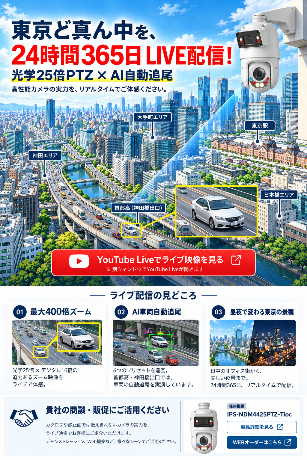東京ど真ん中 24時間365日LIVE配信。光学25倍PTZ、AI車両自動追尾。IPSカメラのライブ映像をご覧ください。